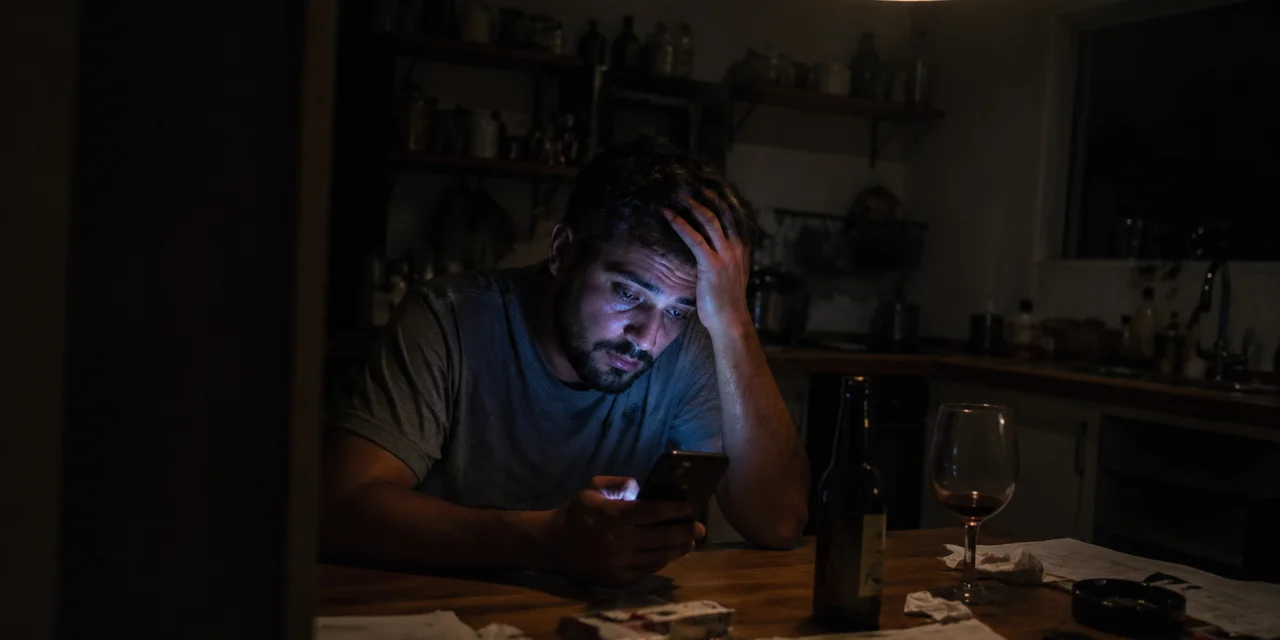 Homem refletindo sozinho à noite após término de relacionamento